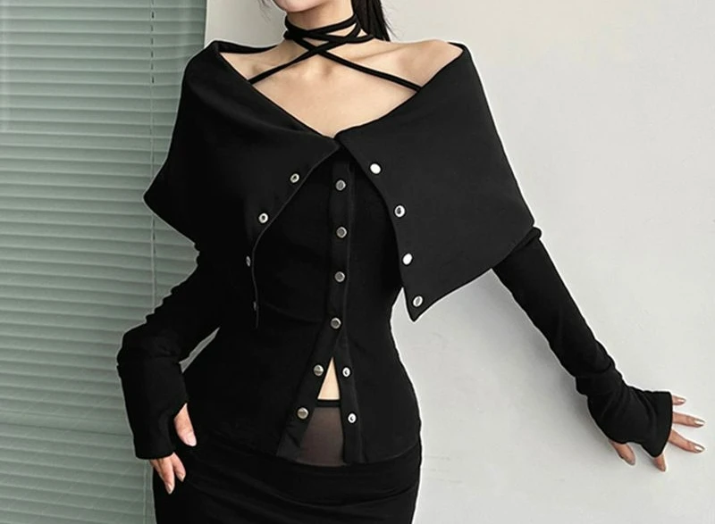 

Spring and Autumn New Large Lapel Off-Shoulder Short Long Sleeve T-Shirt Women's Slim and Skinny Design Top