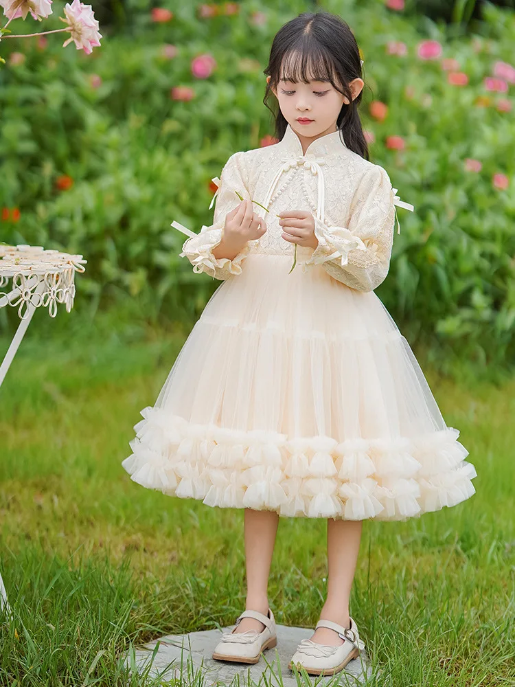 Robe de demoiselle d'honneur de style chinois pour enfants, tutu en maille de dentelle princesse, robe de mariage, robe de fête de Noël, cadeau d'anniversaire pour filles, 03 robes