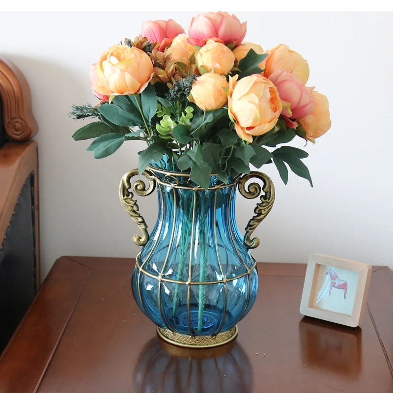 

Transparent Glass Vase Dried Flowers Flower Arrangement Accessories Blue European Style Home Living Room Decoration