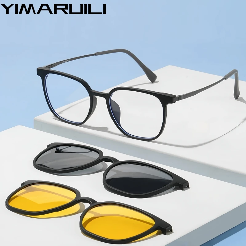 YIMARUILI Retro Oval Polarized Magnetic Clip-On Glasses Men and Women TR90 Pure Titanium Optical Prescription Eyeglasses Frame