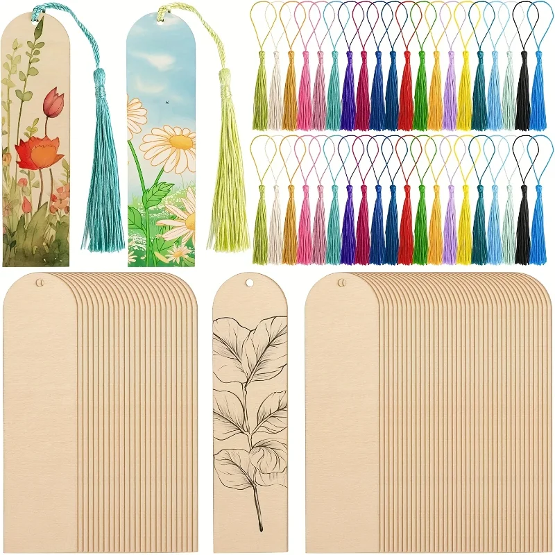 20pcs Unfinished Wooden Bookmark DIY Wood Craft Bookmarks with Laser Cut Wooden Hooks, Square Tags, 12 Tassels - Random Color