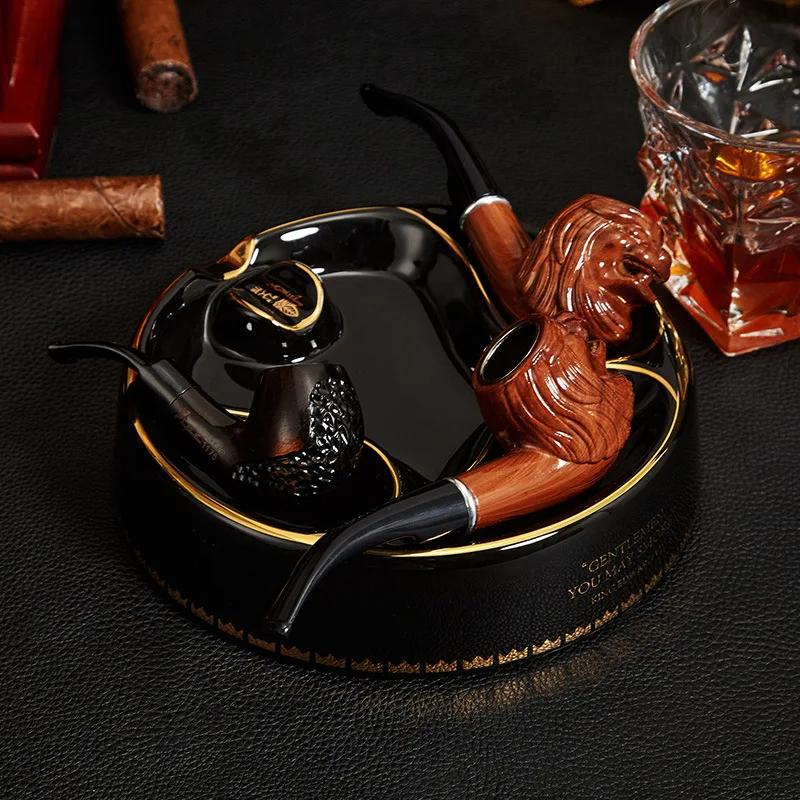 

Cigar Pipe Ashtray Round Multi-function Large Capacity Ceramic Ashtray Pipe Holder