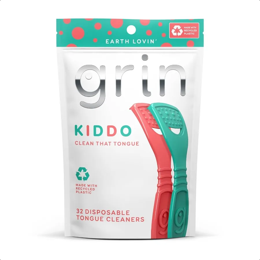 

GRIN Kiddo Tongue Cleaner 32 Count Disposable Tongue Cleaner Hygienic Scraper Jumbo Grip Recycled Plastic Keep Kiddos Healthy P