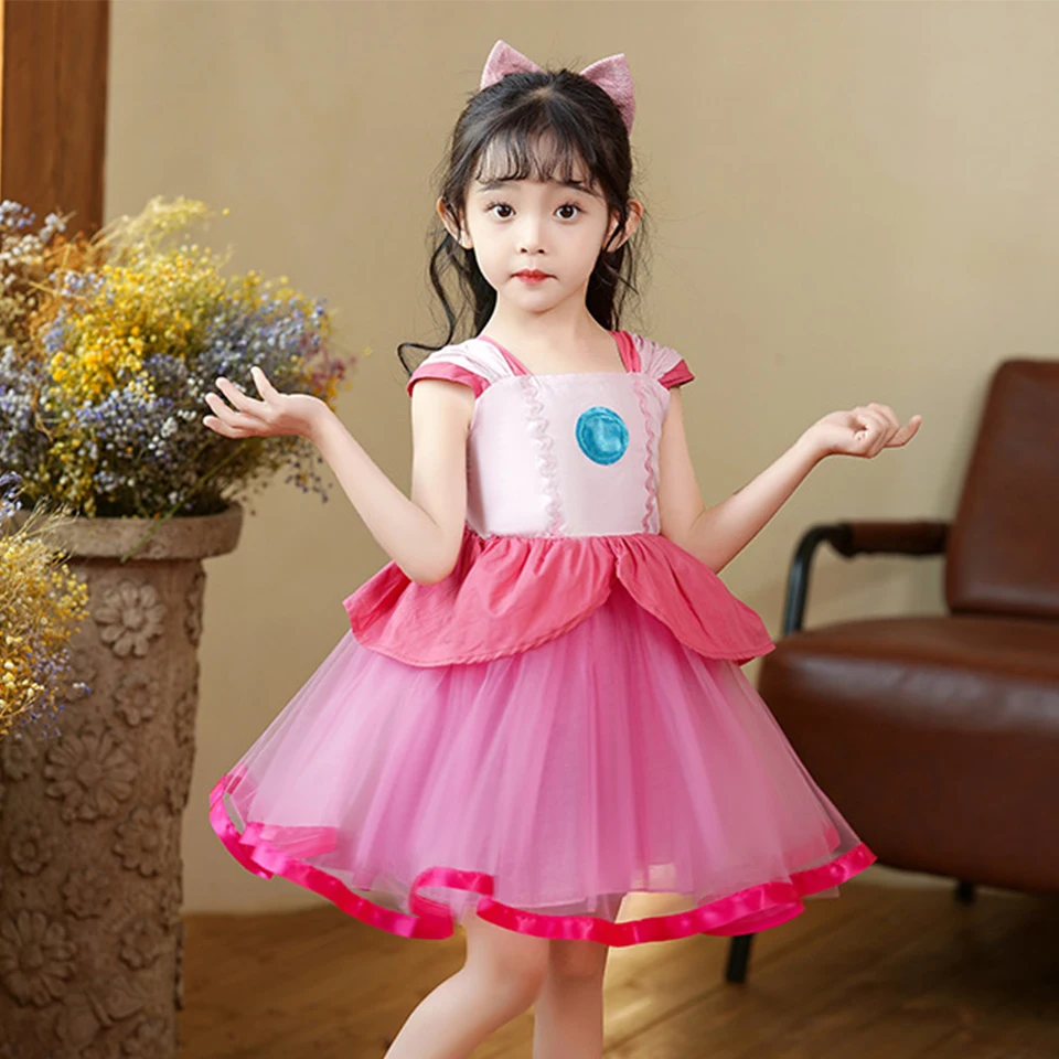 2023 New Movie Kids Super Bros Pink Princess Peach Costumes Halloween Cosplay Girls Luigi Brothers Masquerade Party Peach Dress