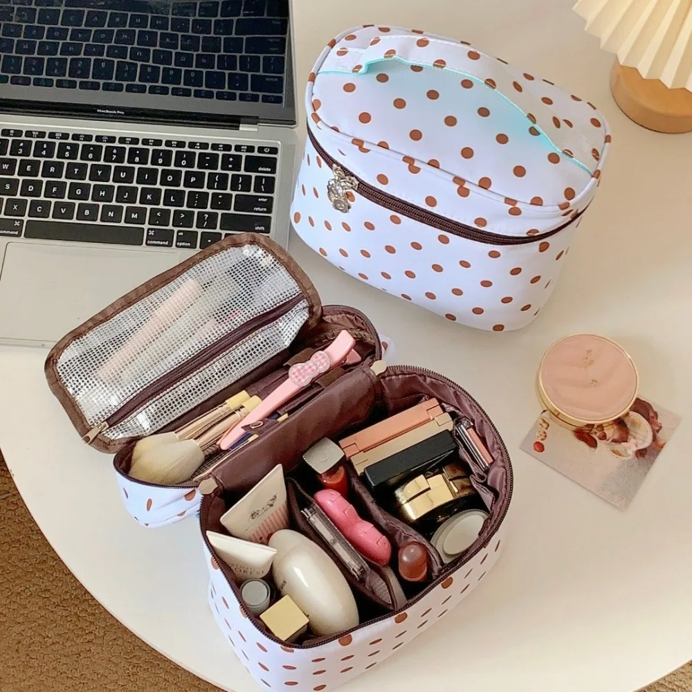 Cute Polka Dot Cosmetic Bag Women Large Capacity Multi Compartment Travel Makeup Organizer Portable Zipper Toiletry Storage Case