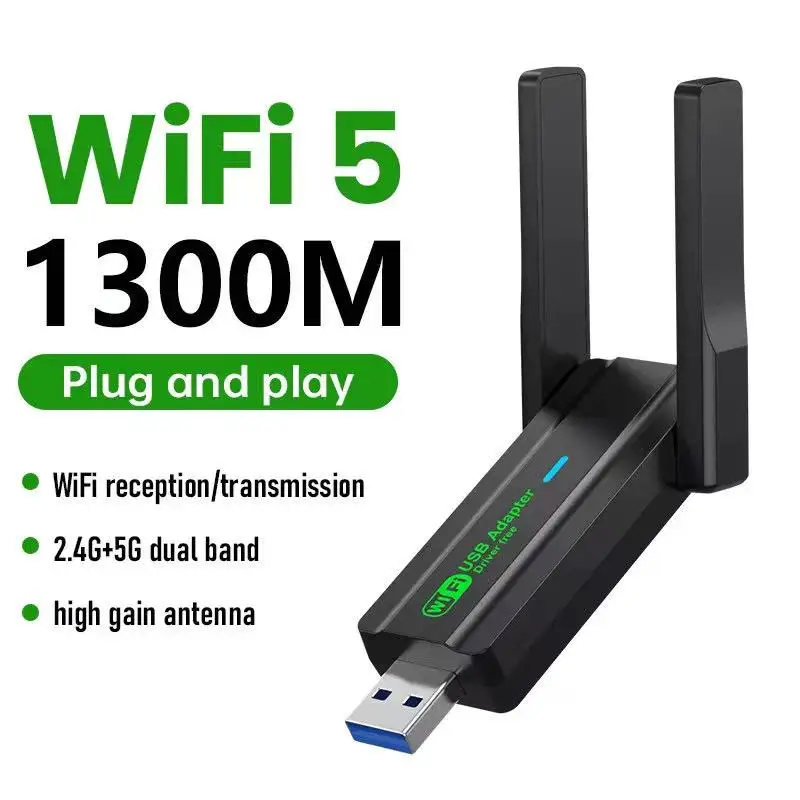 

WiFi 5 Wireless Network Card 1300M Dual Band 2.4G&5GHz USB 3.0 High-Speed Wifi Adapter Driver Free For Desktop Laptop