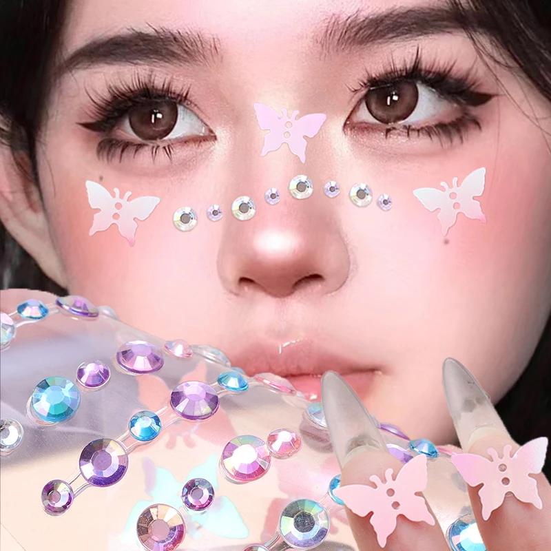 1/5pcs Blue Pink Purple Crystal Tattoo Stickers 3D Glitter Rhinestone Face Eye Makeup Sweet Butterfly Temporary Tattoo Body Arts