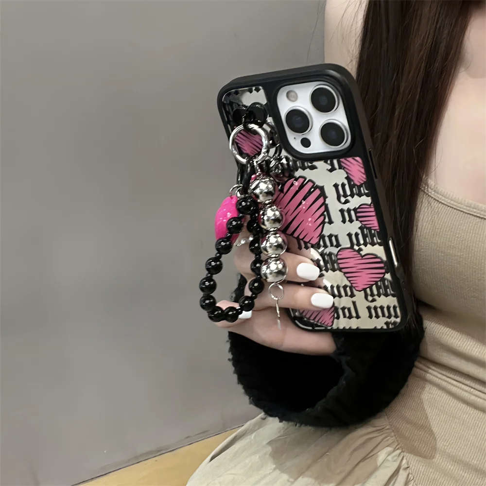 

Ins Korean Hand Drawn Big Heart Cool Spicy Girl Phone Hang Chain Case For iPhone 16 Pro 15 14 13 Pro Max Plus Y2K Phone Cases