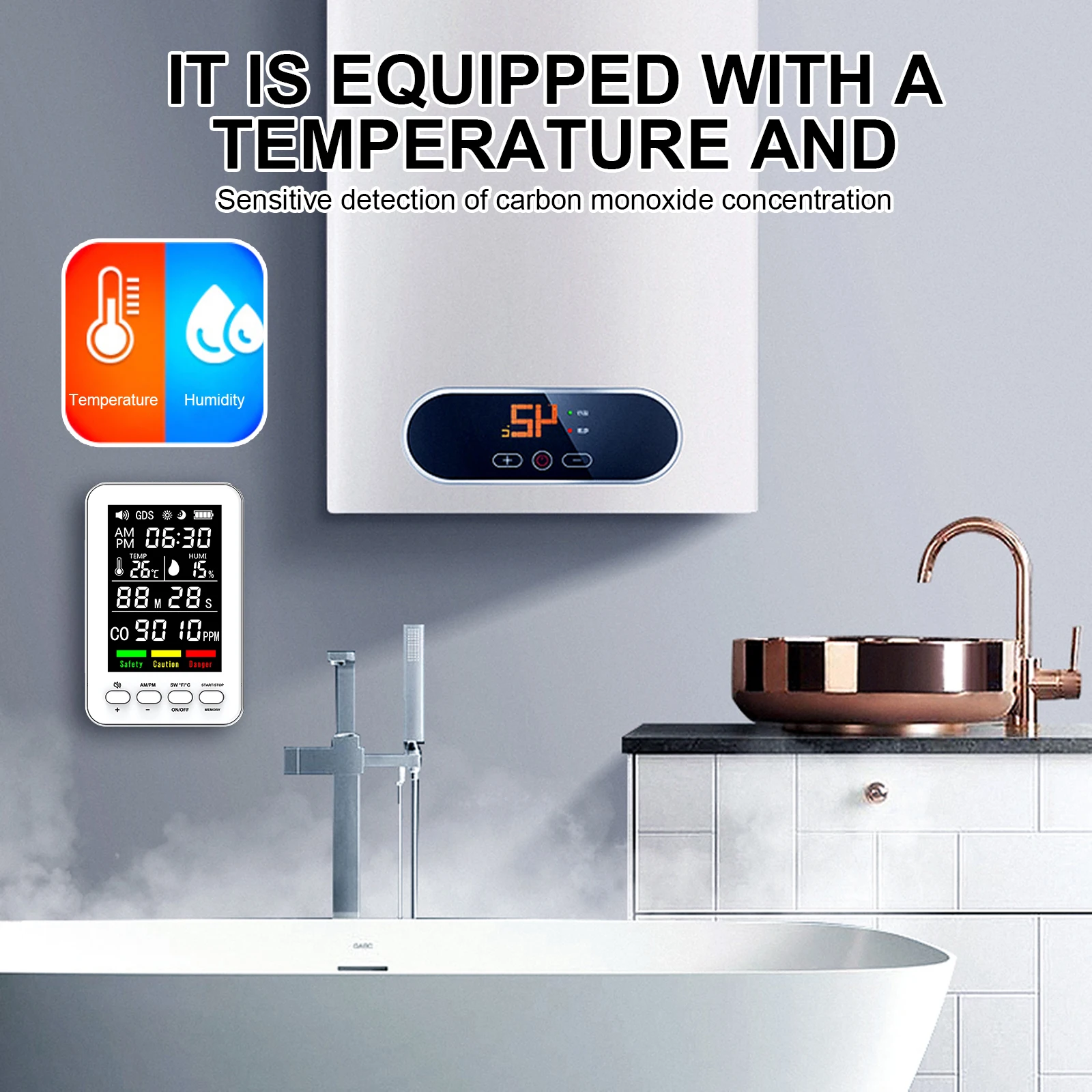 

5-in-1 CO Alarm Detector Plug in Wall Carbon Monoxide Alarm with Temperature & Humidity Display for Home Bedroom Kitchen RV