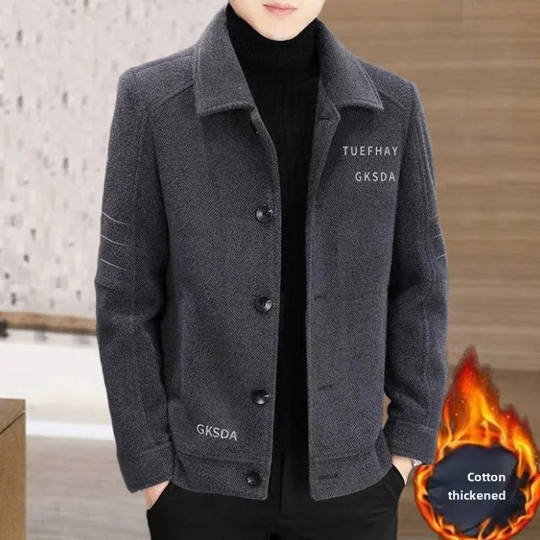 New Men's Woolen Overcoat Cropped Autumn Winter Thickened Jacket Casual High-End Fashion Thin Material Regular Type Other