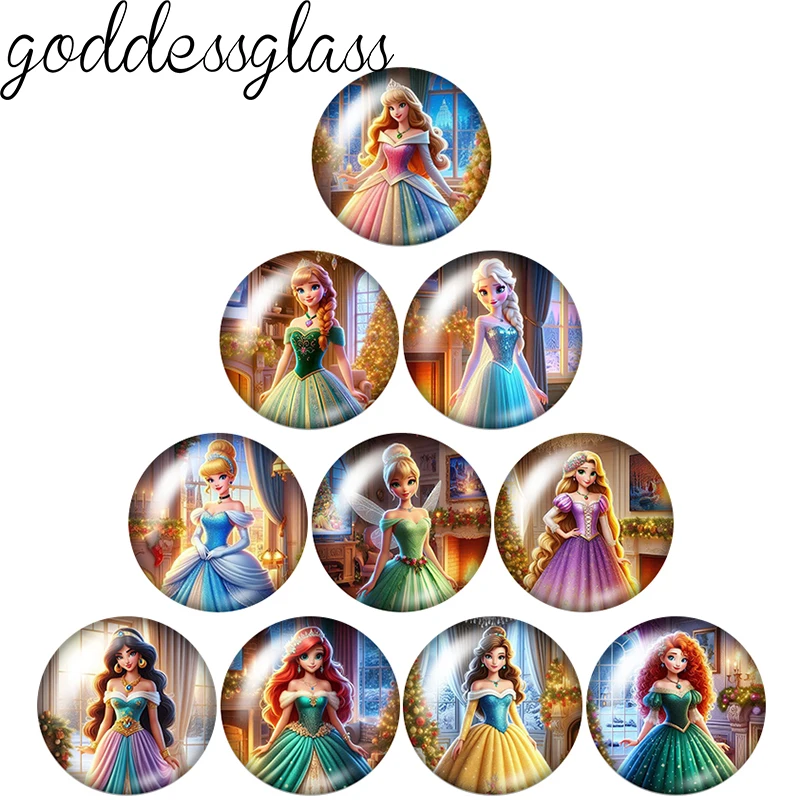 

Disney Christmas Part Princesses Dress Elsa 12mm/18mm/20mm/25mm Round photo glass cabochon flat back Making findings keychain