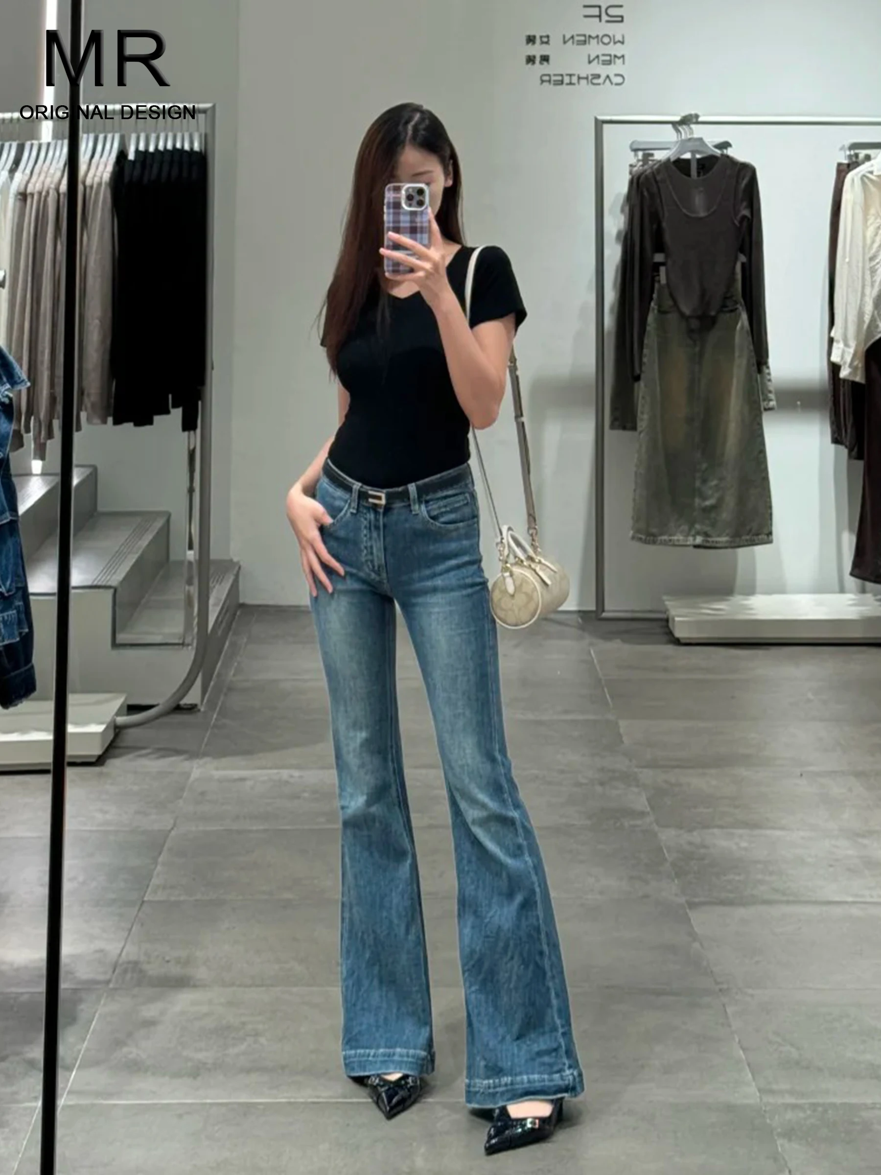 

Синие джинсы-клеш с высокой талией для женщин, новинка 2026 года, в американском стиле, повседневные, свободного кроя, из денима, весна-лето