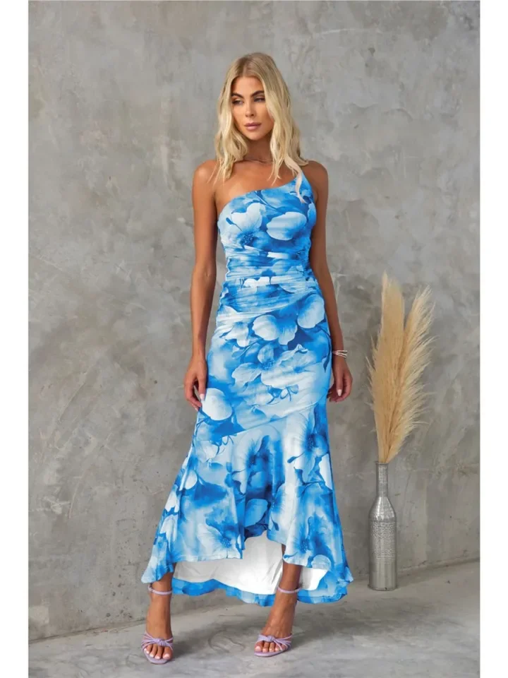Elegante um ombro impresso vestido longo para primavera verão vestidos femininos sexy sem mangas vestido irregular casual vestido de festa