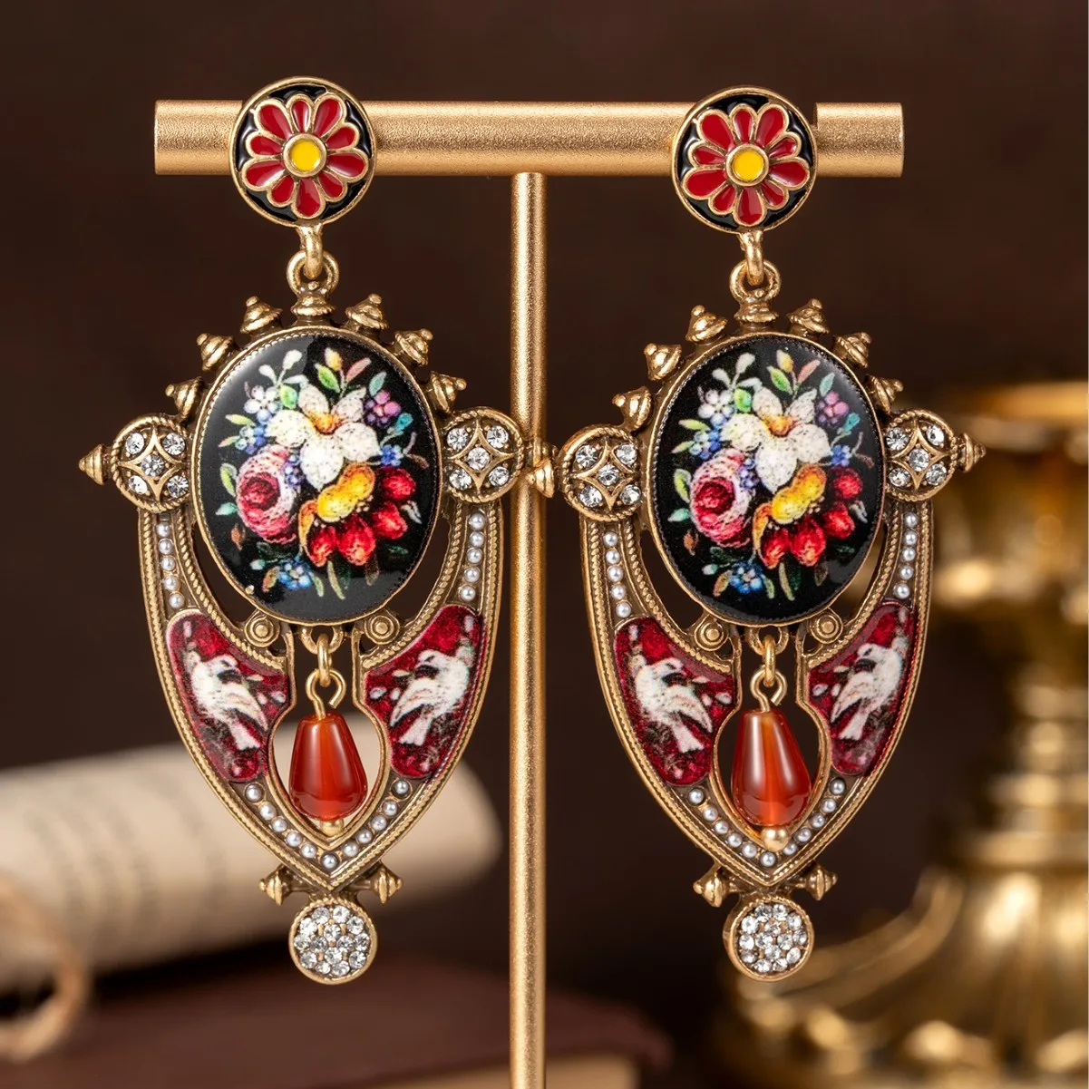 

Medieval Vintage Flower Earrings, Palace Style Earrings, Retro Oil Painting Style, Medieval Old Rich Style Earrings for Women