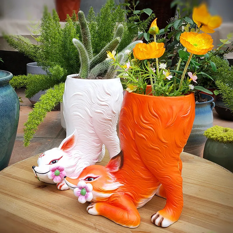 

Resin Nine-tailed Fox Flower Pot Ornament Outdoor Courtyard Balcony Animal Succulent Bonsai Pot Garden Decoration Accessories