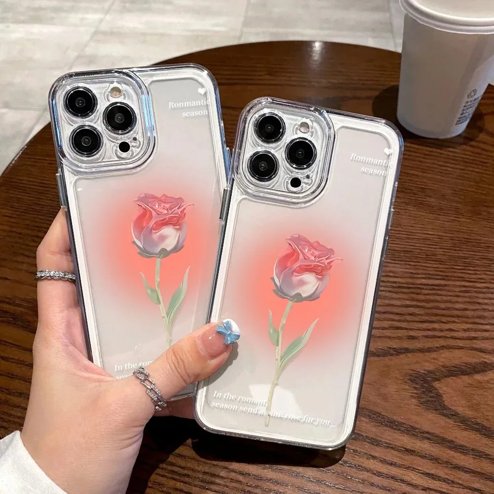Luxury Rose Floarl Clear TPU Case For iPhone 17 16 13 12 11 14 15 Pro Max 14 15 16 Plus 16E 17 Air Soft Shockproof Bumper Cover