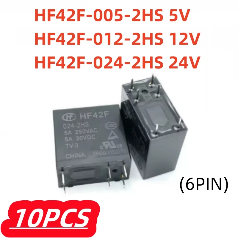 10Pcs/lot 100% New JZC-42F HF42F-005 012 024-2HS 5A250VAC 6PIN 2 Group Normally Open Power Relay