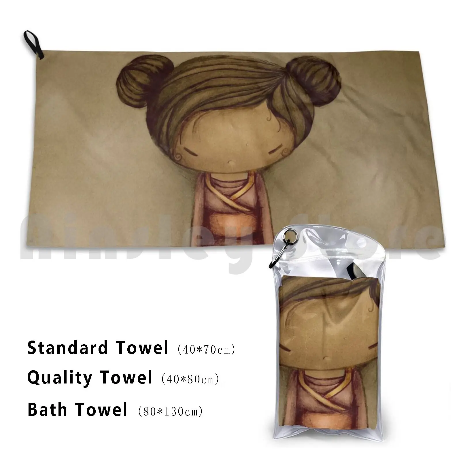 Kokeshi Beach Towel Quick Dry Quality Towel Girl Karin Taylor Children Kokeshi Pink Geisha Kimono Cute Characters