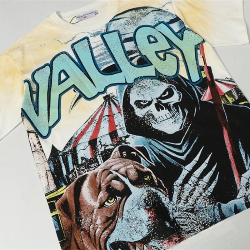 تي شيرت مطبوع عليه جمجمة VALLEY Black Hop Hop للرجال والنساء 1:1 أفضل جودة كبيرة الحجم من القطن الخالص بأكمام قصيرة