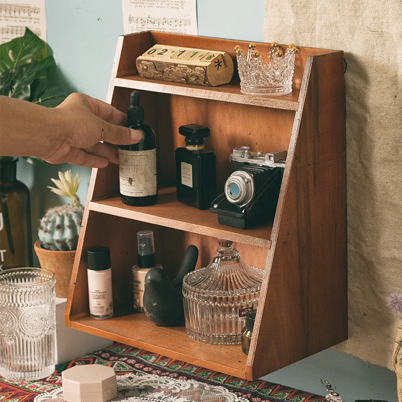 Retro Wood Storage Rack Desktop Three-Layer Shelving Magazine Books Storage Cabinet Metal Hooks Can Be Hung Storage Rack