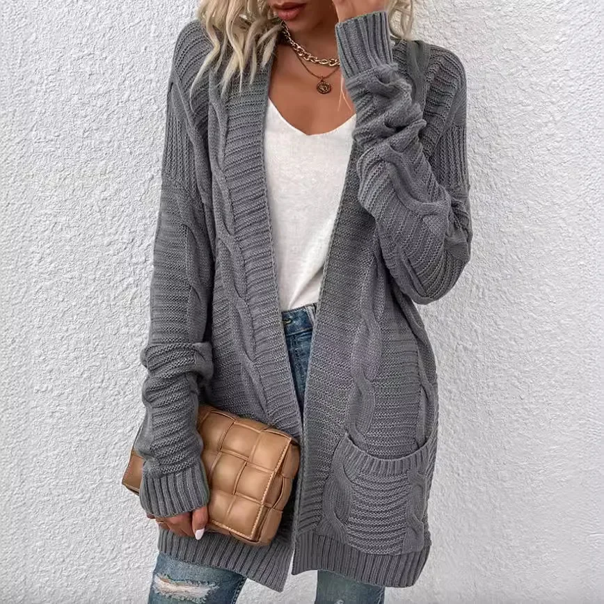 

Women's New Autumn and Winter Fashion Twist Mid-length Knitted Cardigan Solid Color Casual Loose Sweater with Pocket Coat Y2k