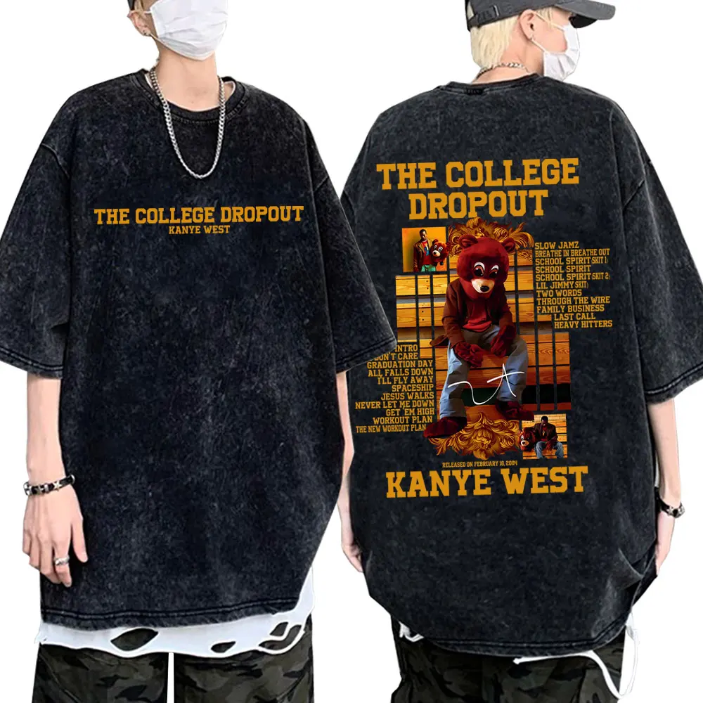 

Washed Vintage Rapper Kanye West The College Dropout Bear Graphic T-shirt Men Women Hip Hop Oversized Street Crewneck T Shirts