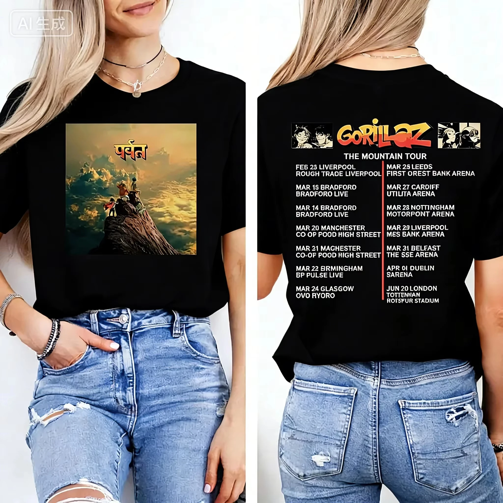 T-Shirt unisexe pour femmes et hommes, Style musical des années 90, groupe Gorillaz, The Mountain Tour, édition commémorative de la tournée au Royaume-Uni