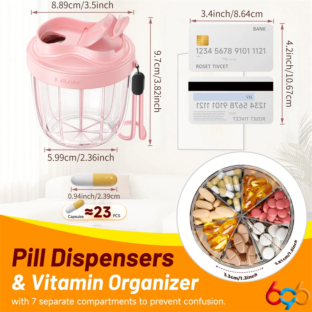 Tragbare Pillenspender-Flasche, Vitamin-Organizer für Reisen, wasserdichte tragbare Medikamententablett-Spenderbox mit 7-Fächern