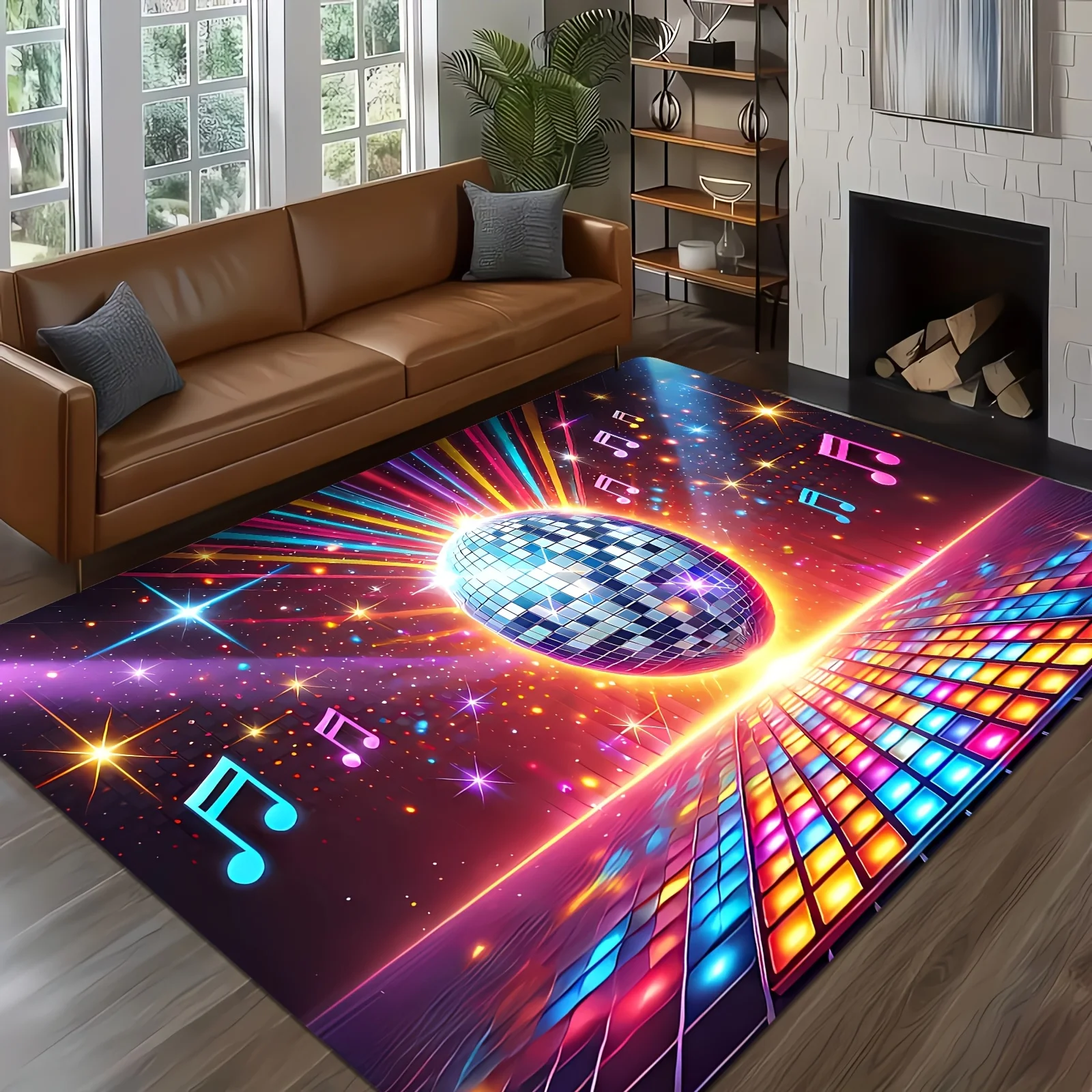 Vibrant Disco Area Rug for Living Room Party Music Lover Dance Floor Carpet Rainbow Neon Glow Gradient Bohemian Home Decor Mat