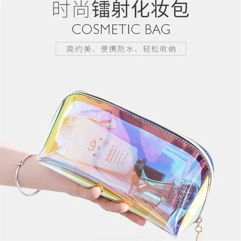 Large Capacity TPU Makeup Bag Transparent Waterproof Laser Color Portable Semi-circular Toiletry Storage Bag for Bathroom Use