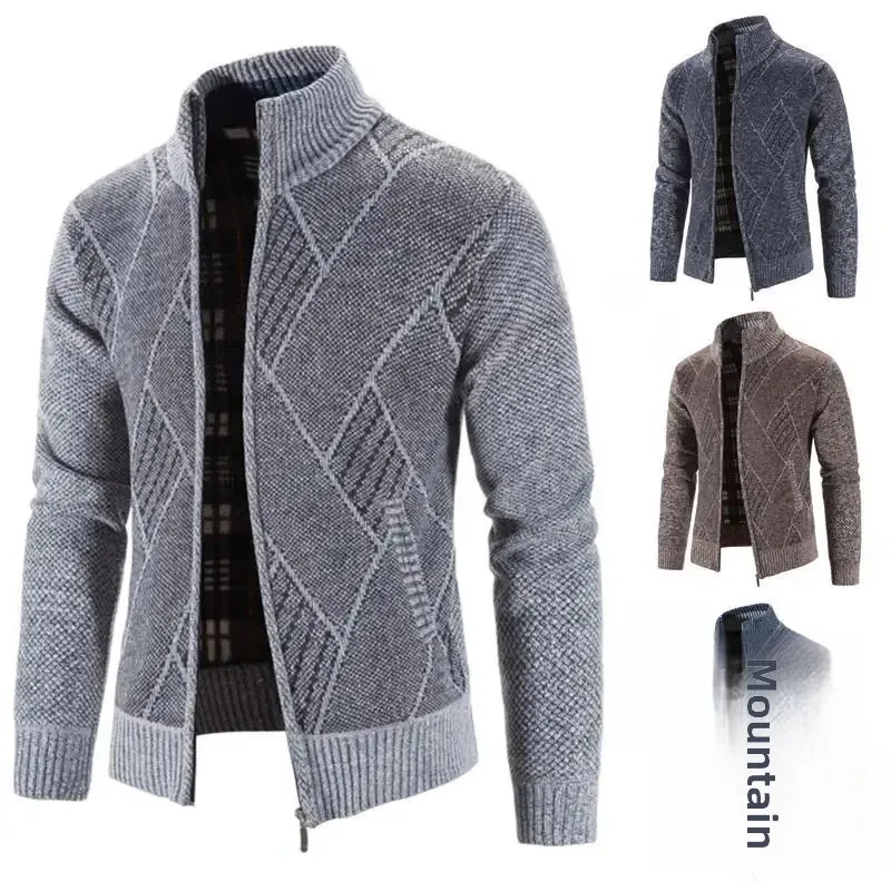 

Autumn Winter New Men Knitted Sweater Cardigan Thickened Fleece Lined Stand Collar Loose Fit Casual Top Male Jacket