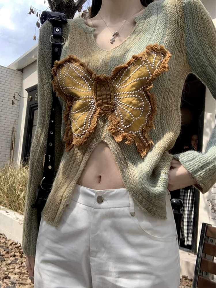 

SONNEESD Winter Vintage V-Neck Butterfly Embroidery Slit Design Pullovers Harajuku Style Full Sleeve Gradient Knitting Sweater