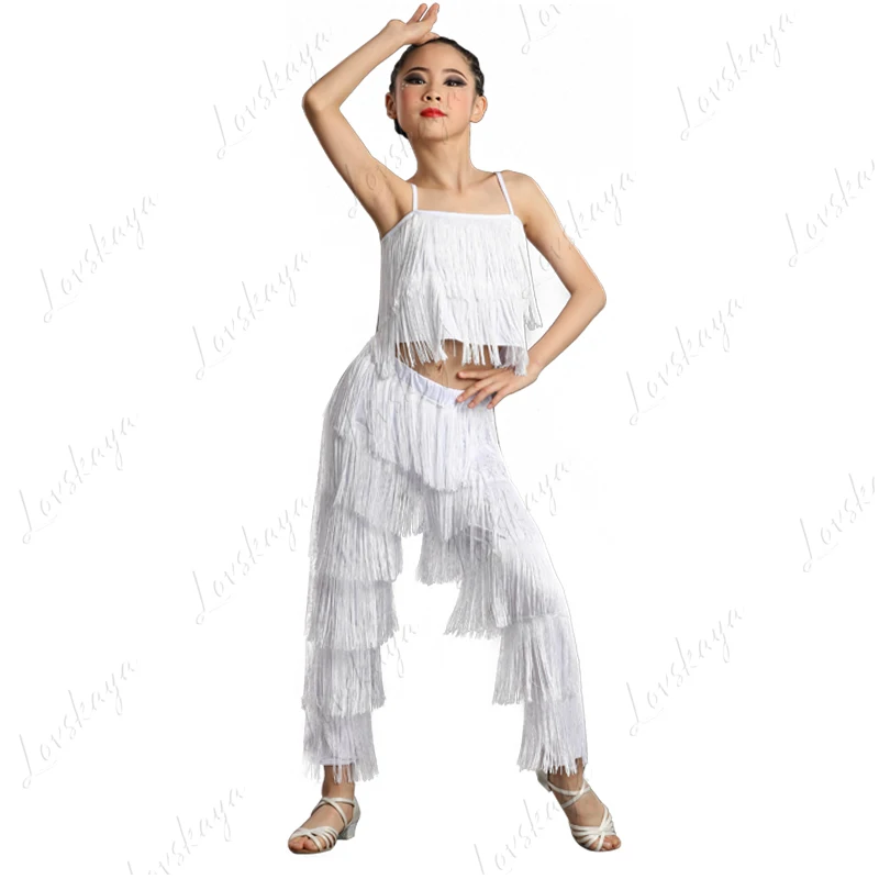 Trajes de baile latino para niñas, trajes con flecos, trajes de competición para niños