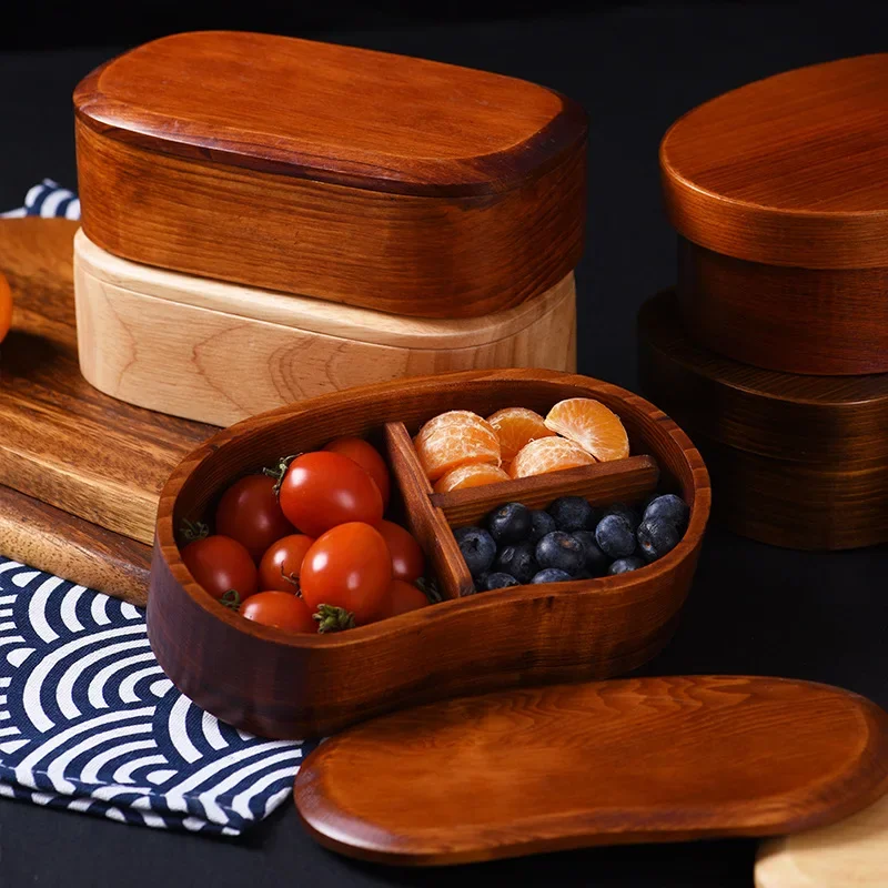 Wooden Lunch Box Picnic  Japanese Bento Box for School Kids Dinnerware Set with Bag&Spoon Fork Chopsticks Round Square Lunch