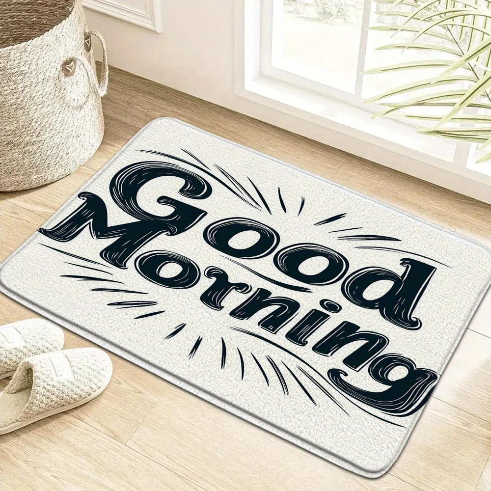 VIKAMA Quote Text Floor Mat Retro Good‑Morning Letter Typography Pattern Anti‑Slip Washable Doormat Entryway Porch Home Decor