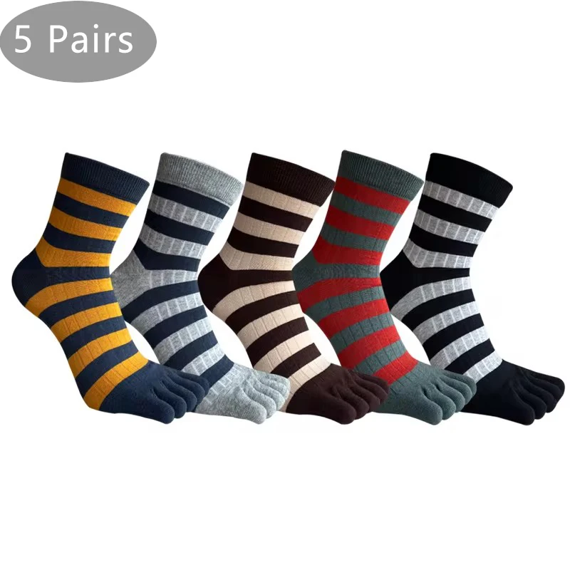 

5 Pairs Man Socks Toe Business Striped Cotton Casual Breathable Sweat-Absorbing Party Dress Short 5 Finger Socks 4 Seasons