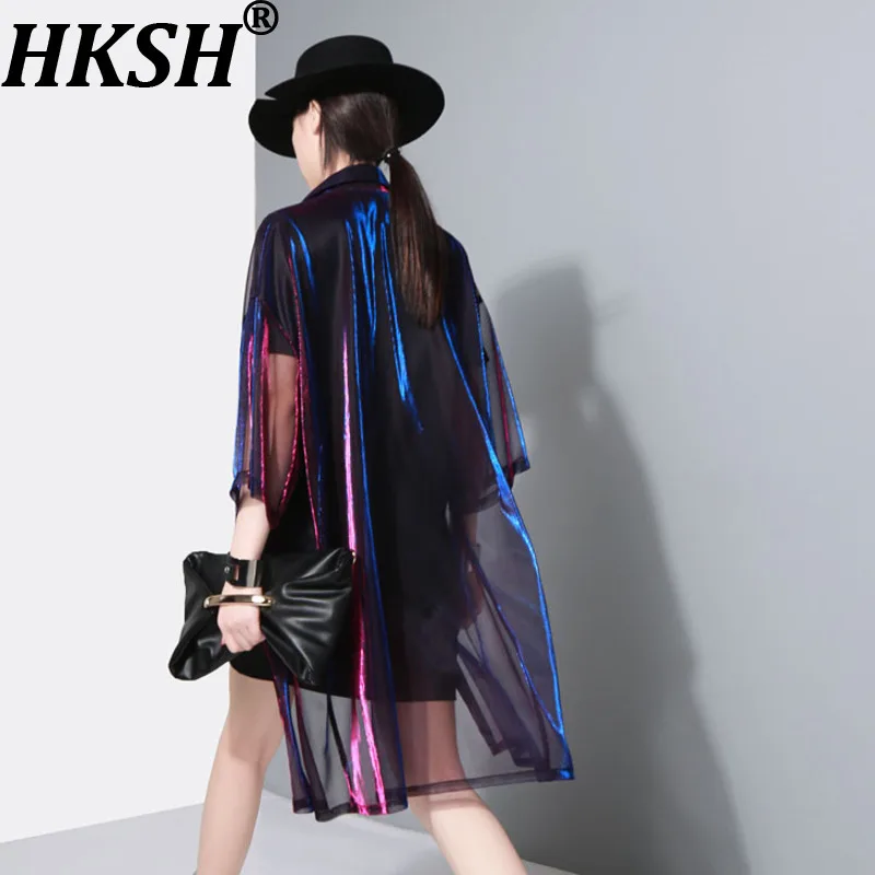 

HKSH Spring Autumn New Women Shirt Turn-down Collar Single Breasted Short Sleeve Sunproof Chic Punk High-end Long Blouse HK18066