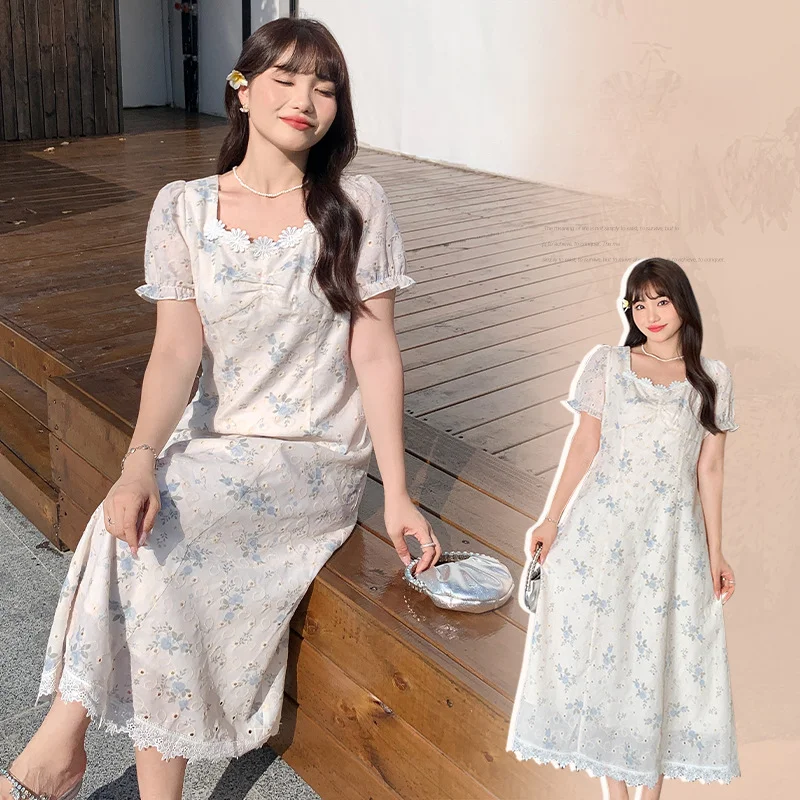 

Elegant Lace Floral Embroidered Dress with Square Neck and Bubble Sleeves Plus Size Women's Summer Dress