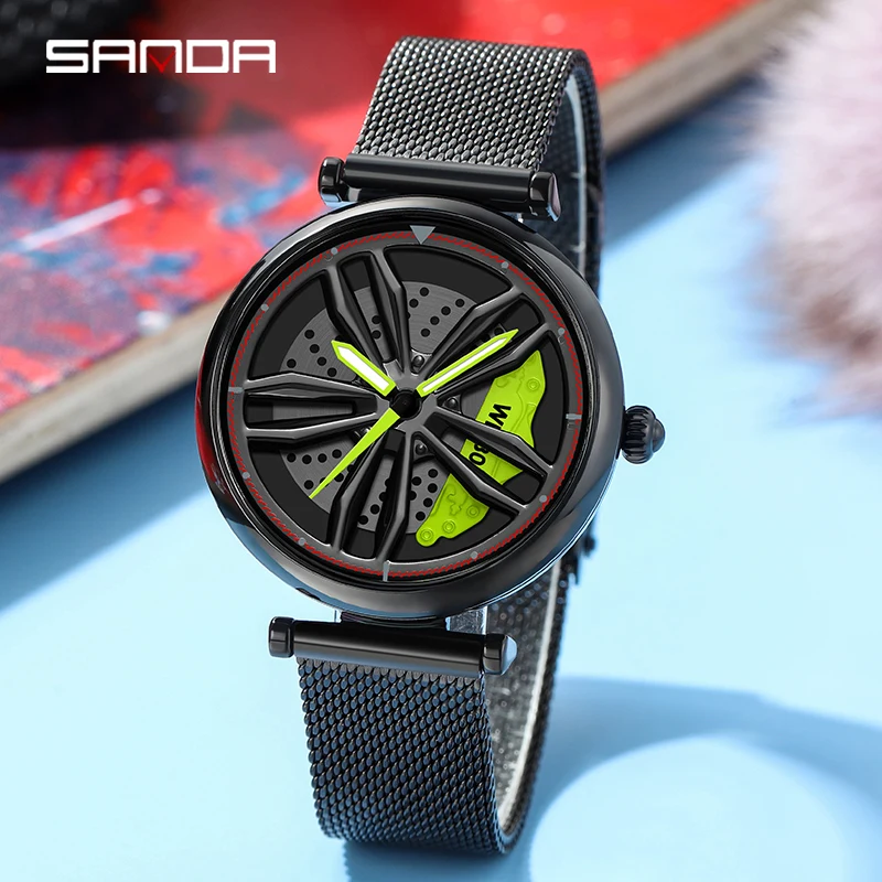 SANDA P1074 New Fashion Women Watches Sports Car Wheel Hub Waterproof Watch 360 Rotating Dial Stainless Lady Quartz Wristwatches