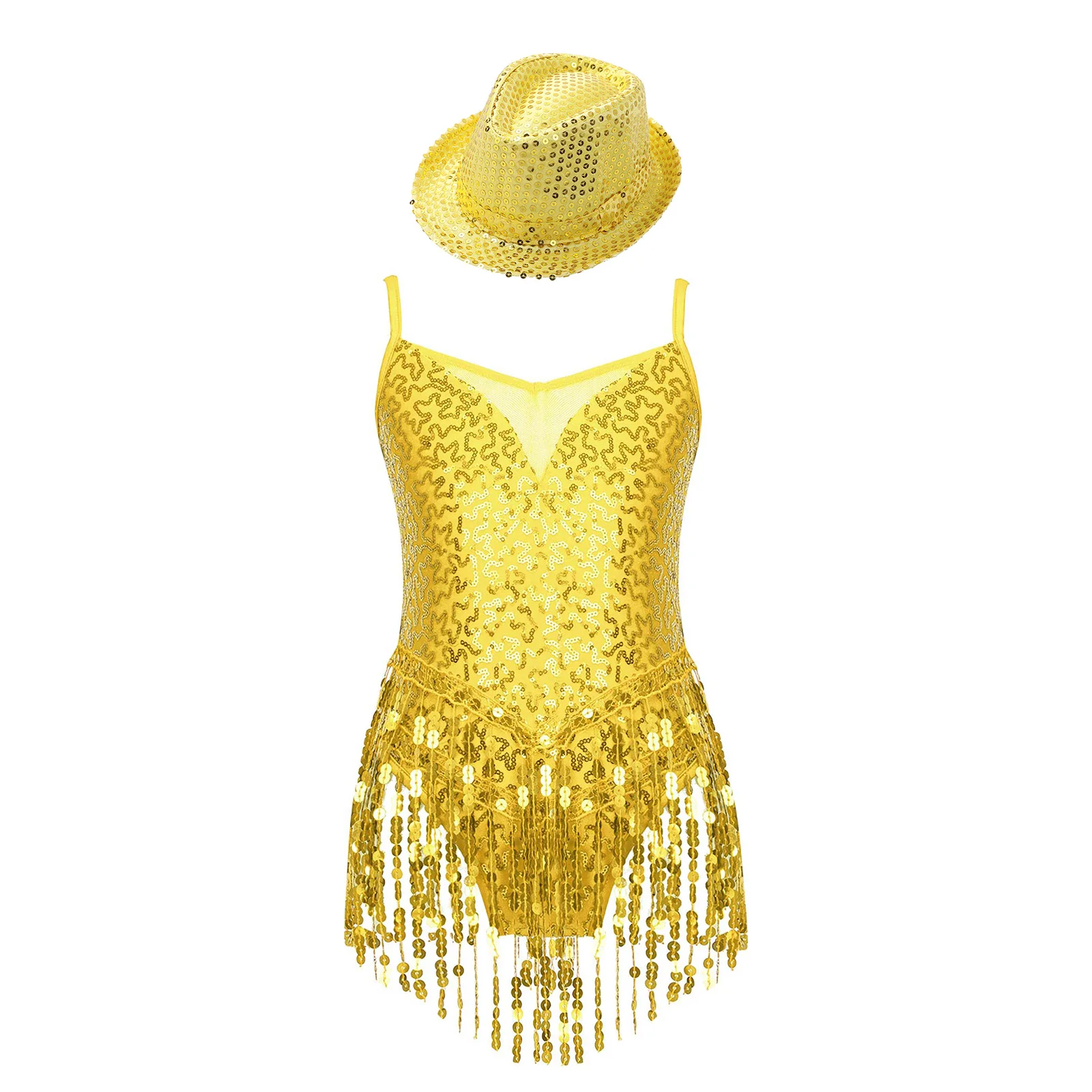 Kids Girls Sleeveless Shiny Sequins Tassel Bodysuit Gymnastics Leotard with Hat for Stage Performance Jazz Latin Dance Costume