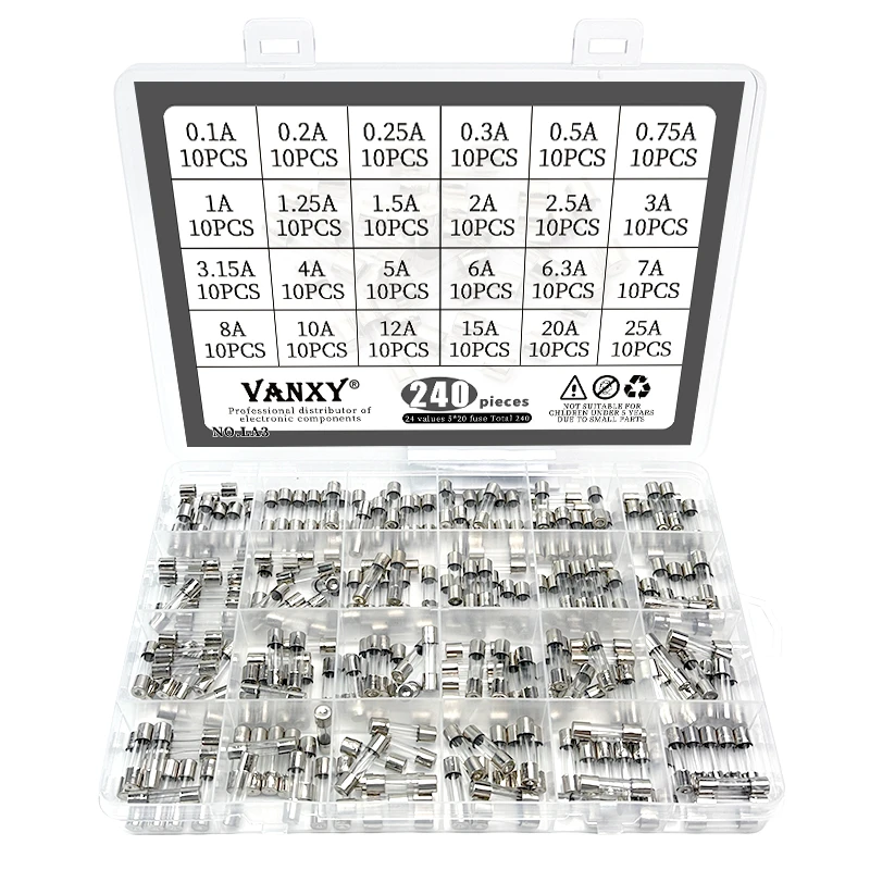 24 values kit 5x20 Glass fuse 0.1A~25A 5*20 0.2A 0.25A 0.3A 1A 1.25A 2A 2.5A 3A 3.15A 4A 5A 6A 6.3A 8A 10A 12A 15A