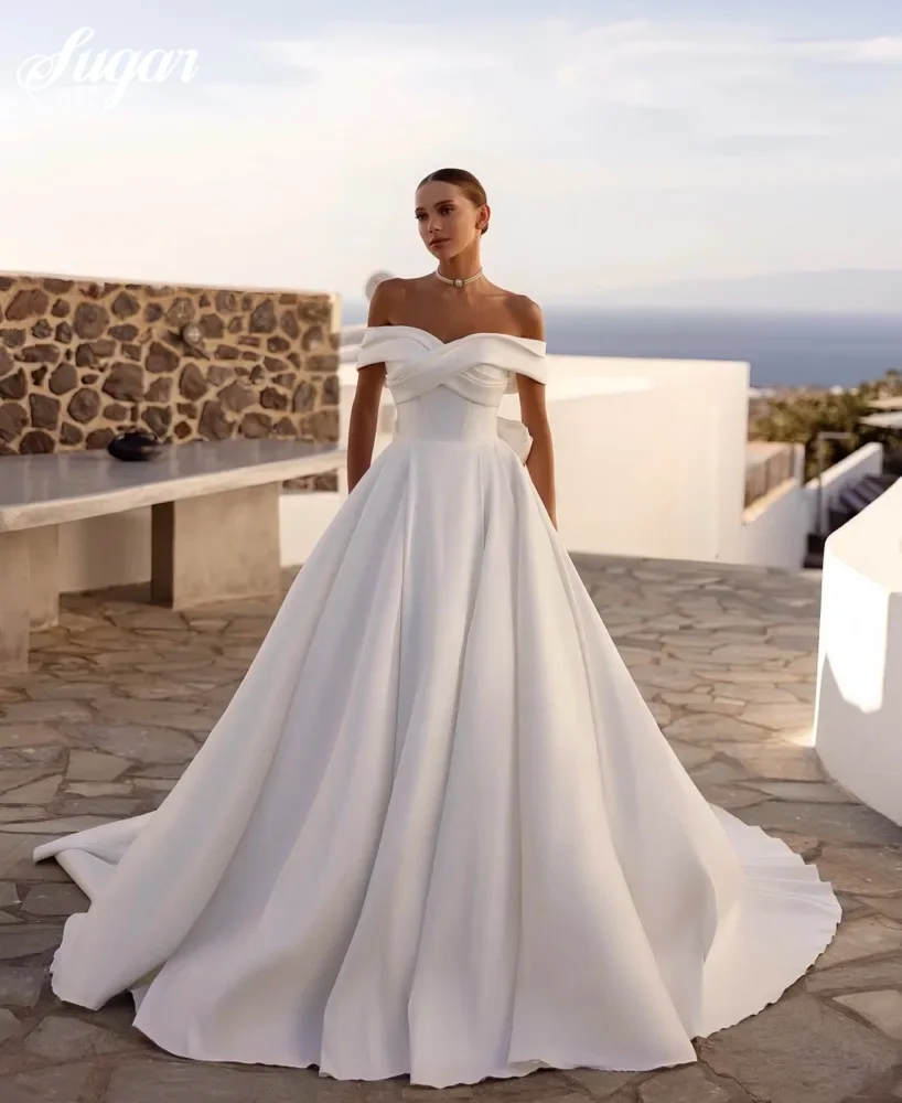 

Customized Gorgeous Wedding Dress Satin Off Shoulder 2025 Sweetheart Lapel Shoulder Sleeveless Bow A-line Dress For Women