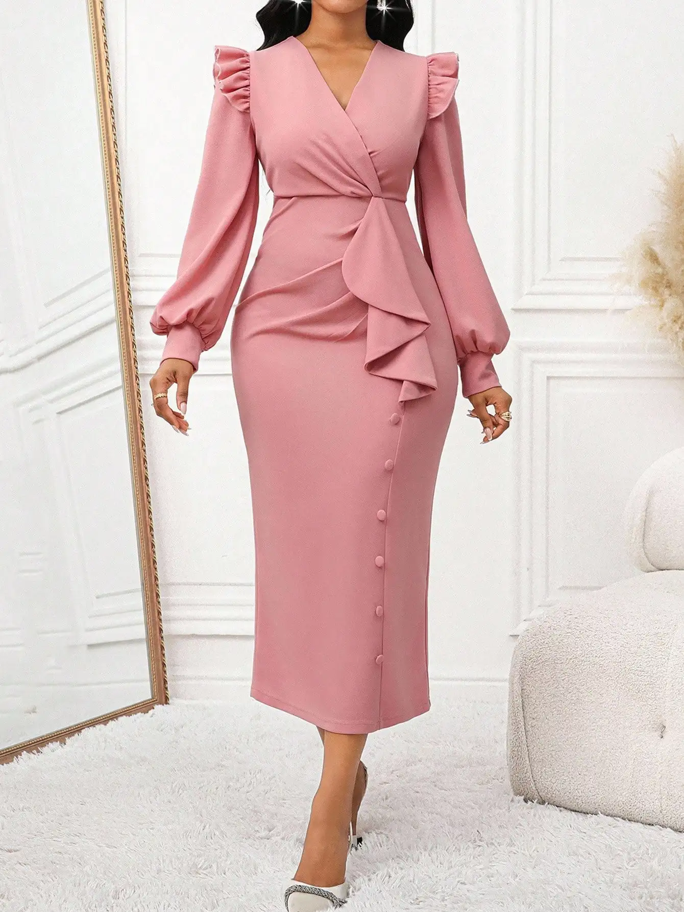 Pink Solid Cross-Wrap Lantern Sleeve Ruffle Waist Midi Dress