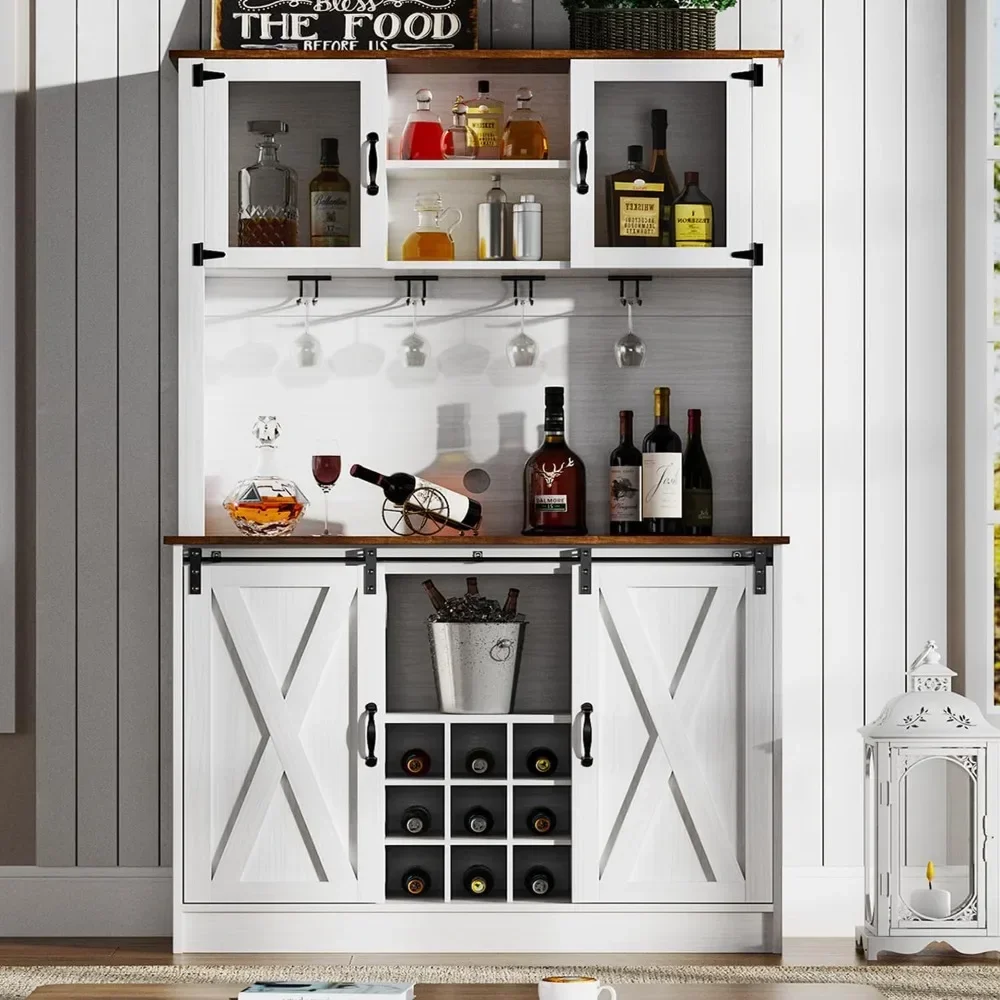 

Farmhouse Coffee Bar Hutch with Sliding Barn Doors，72”White Buffet Cabinet with Hutch, Glass Doors and Wine Rack