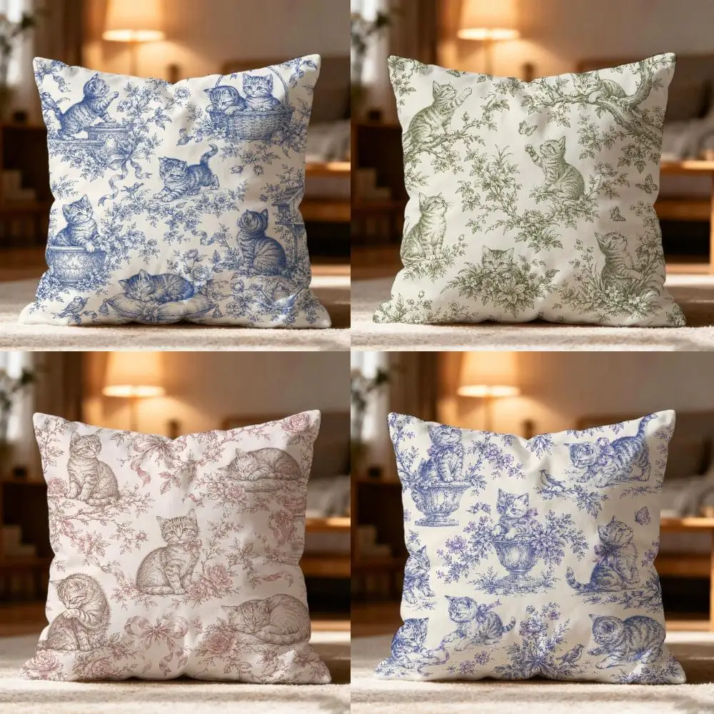 Porcelain Cat Cute Cushion Cover Cushion Cover Soft Washable Pillow Case Multi-Scene For Couch Bed Travel Office Use