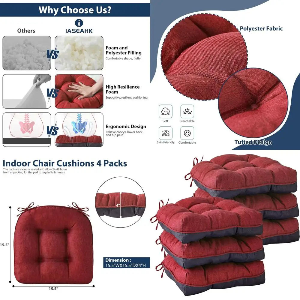 

Set of 6 Red Dining Chair Seat Cushions, 15.5 x 15.5 x 4, Indoor Tied Foam Pads with Non-Slip Feature