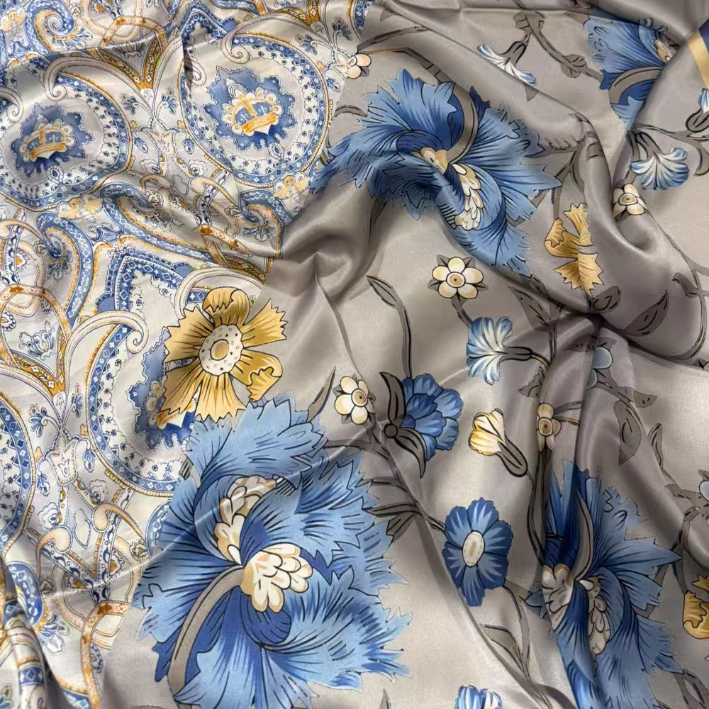 Grey Blue Silk Square Scarf Shawl for Women New Elegant Floral 100% Mulberry Silk Scarves Ladies Summer Beach Wrap 108*108cm