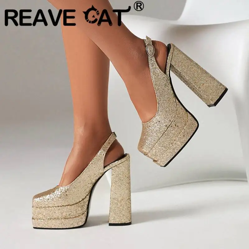 REAVE CAT Luxry Shoes Women Pumps Square Toe Chunky Heels 14cm Double Platform 5cm Glitter Back Strap Sexy Party Big Size 44 45