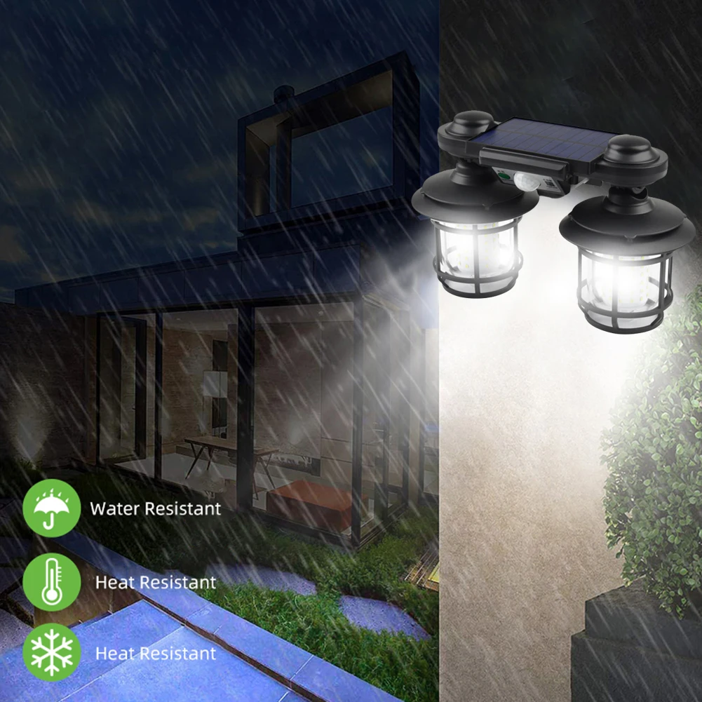 Nova cabeça dupla solar luz pingente ao ar livre 2 em 1 luz de parede à terra interruptor sensorial led caminho solar luz paisagem para jardim