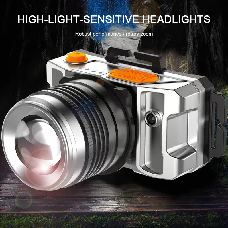 كشاف أمامي LED قابل لإعادة الشحن بمستشعر للحركة، مصباح يدوي قابل للتكبير، سطوع عالي للمشي لمسافات طويلة والجري والإصلاح وصيد الأسماك